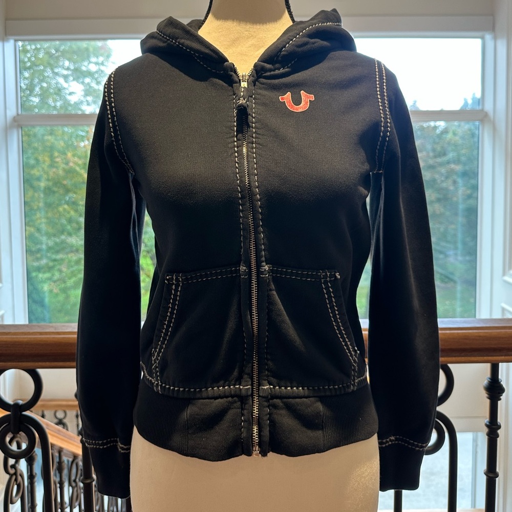 True Religion Kids Black Big T Red Stitch Logo Zip Hoodie (Size: Boys Medium)